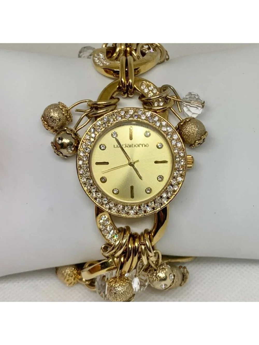 Liz Claiborne charm bracelet wristwatch women gold tone 32mm quartz 7” running